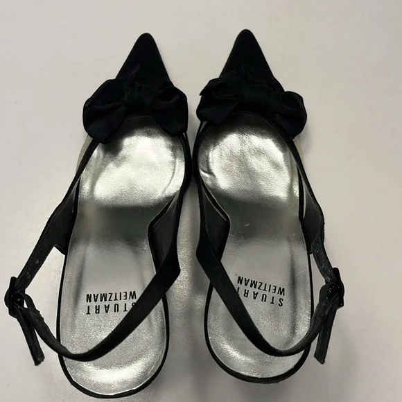 Stuart Weitzman Babe Black Satin Heels, size 8 slingback, bow front with mesh - Picture 10 of 12